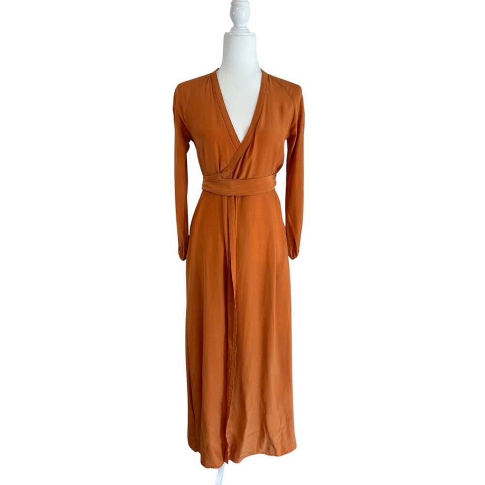 Rhode Resort 100% Silk Wrap Maxi Dress XS Orange Belted Boho Chic Quiet Luxury